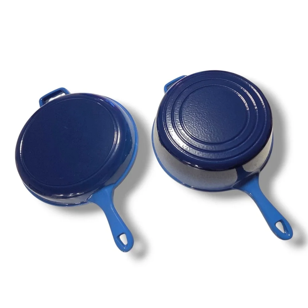 Blue Enameled Cast Iron Skillet Set 2 Piece Deep Pan and Shallow Lid Skillet